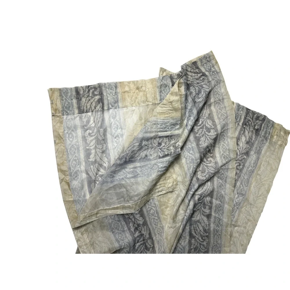 Pair of Sheer Floral Stripe Curtains Panels Beige Blue Print Vintage Drapes 68